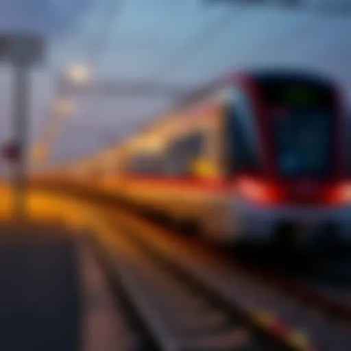 A modern train speeding along the tracks connecting Abu Dhabi and Dubai