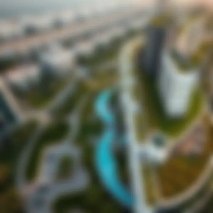 An aerial view of a residential complex featuring aura gardens, illustrating their integration into real estate developments.