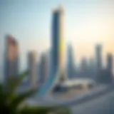 A stunning view of Dec Tower highlighting its unique architectural design against the Dubai skyline