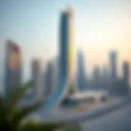 A stunning view of Dec Tower highlighting its unique architectural design against the Dubai skyline