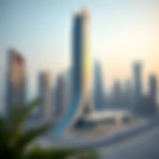 Architectural Design of Dec Tower A stunning view of Dec Tower highlighting its unique architectural design against the Dubai skyline