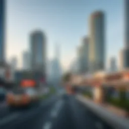 A panoramic view of Dubai's iconic address boulevard showcasing skyscrapers and vibrant street life