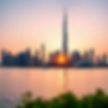 Dubai Skyline with Al Batha Tower at Sunset A panoramic shot of Dubai skyline featuring Al Batha Tower against a sunset backdrop
