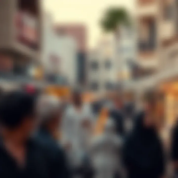 Community gathering in a plaza surrounded by local shops in Al Ras