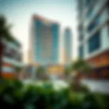 A stunning view of Bay Square showcasing modern architecture and lush greenery
