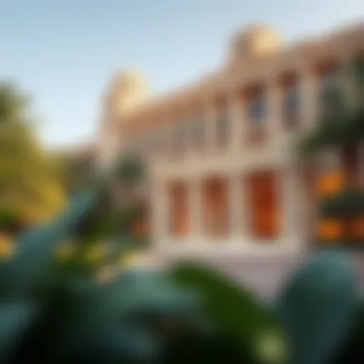 Luxurious hotel exterior surrounded by lush greenery