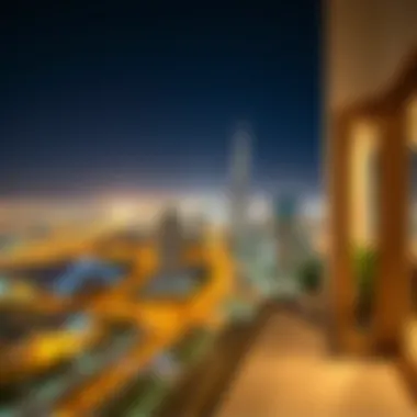 Panoramic Balcony View from Merano Tower Panoramic view from a balcony in Merano Tower capturing Dubai's skyline