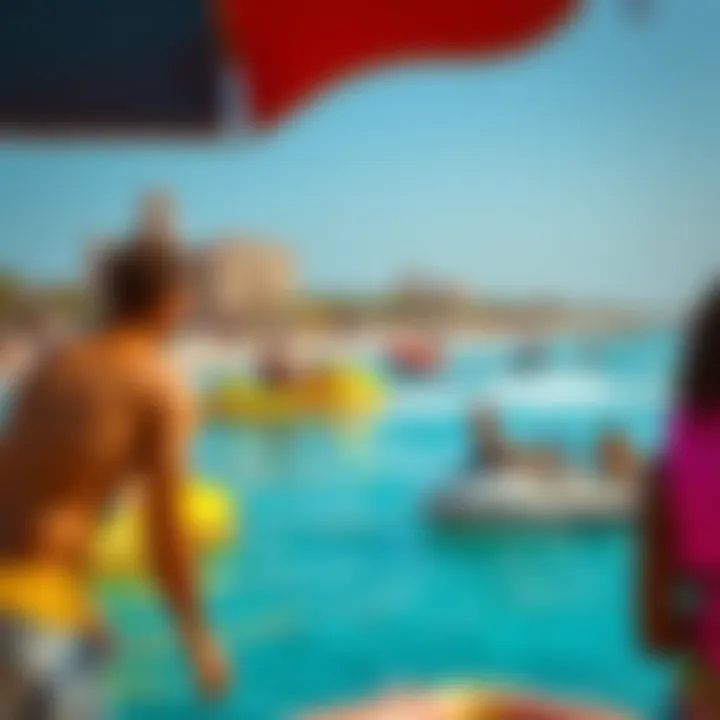 Vibrant beach scene with visitors enjoying various water sports