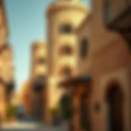 The traditional architecture of Old Dubai showcasing wind towers and narrow alleyways.