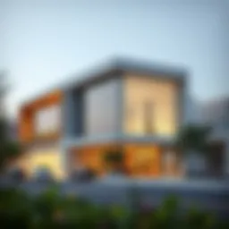 Exterior view of the Mirdif Hills Sales Office showcasing modern architecture