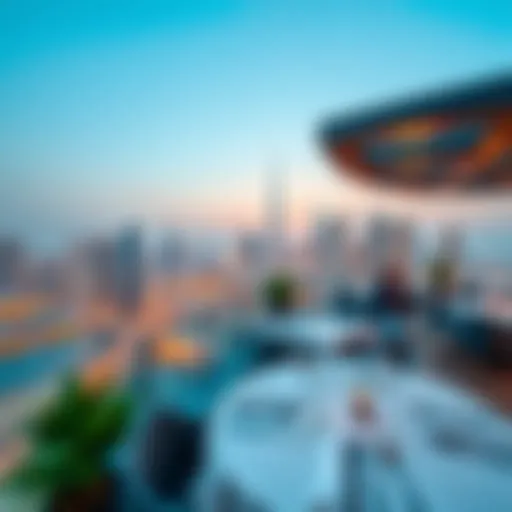 A panoramic view of Dubai skyline from a rooftop restaurant