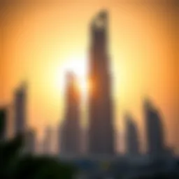 A stunning view of the tallest building in Dubai against a sunset backdrop