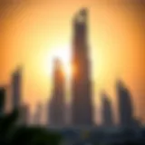 Tallest Building at Sunset A stunning view of the tallest building in Dubai against a sunset backdrop
